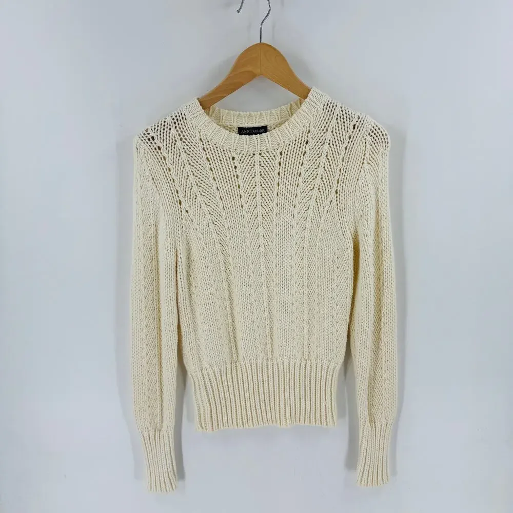 Vintage Ann Taylor Cream Open Knit Cotton Sweater Size‎ M Coastal Grandmother